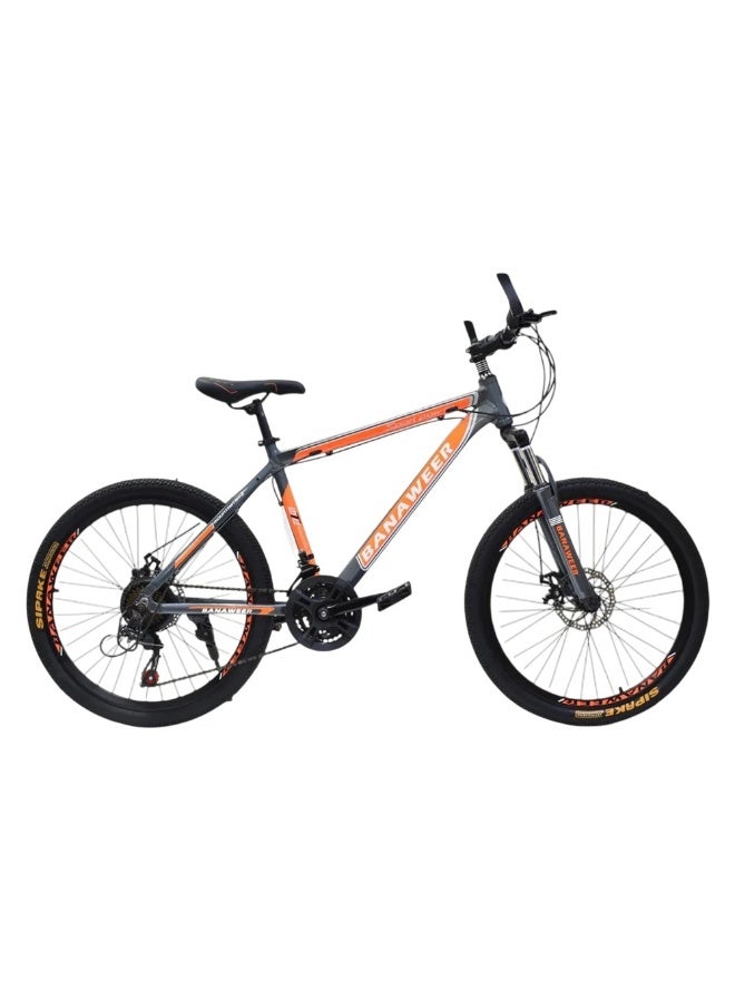 24-inch professional mountain bike with 21-speed system, disc brakes, and adjustable seat.