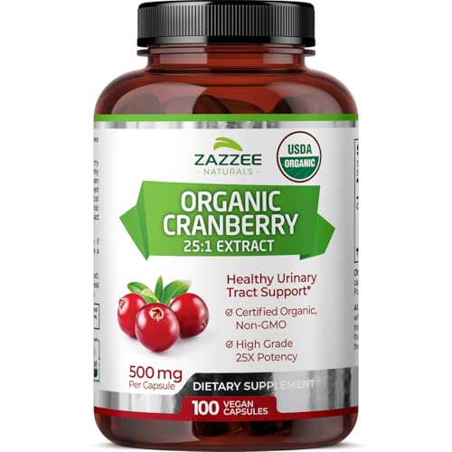 Zazzee USDA Organic Cranberry 251 Extract 12500 mg Strength 100 Vegan Capsules Over 3 Month Supply Standardized Concentrated 25X Extract 100 Vegetarian Certified Organic NonGMO AllNatural
