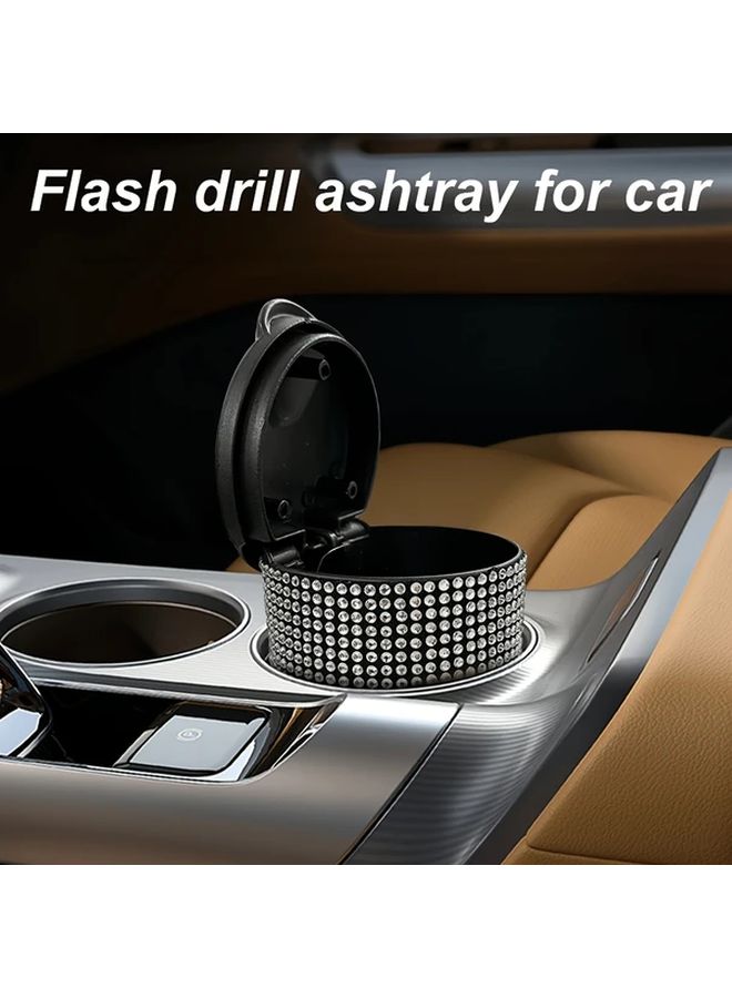 1pc Black Diamond Encrusted Car Ashtray with Lid Durable ABS Material Flash Drill Design Fits Most Cup Holders Easy to Clean Auto Interior Accessory - Image 1