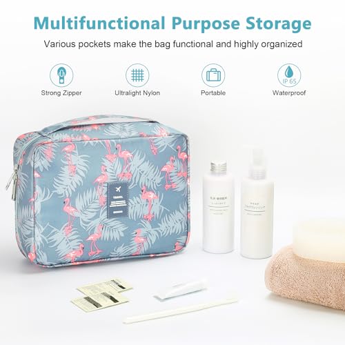 Mossio Hanging Toiletry Bag with Sturdy Hook - Large Portable Cosmetic Makeup Travel Organizer for Men & Women Grey Flamingo - Image 3