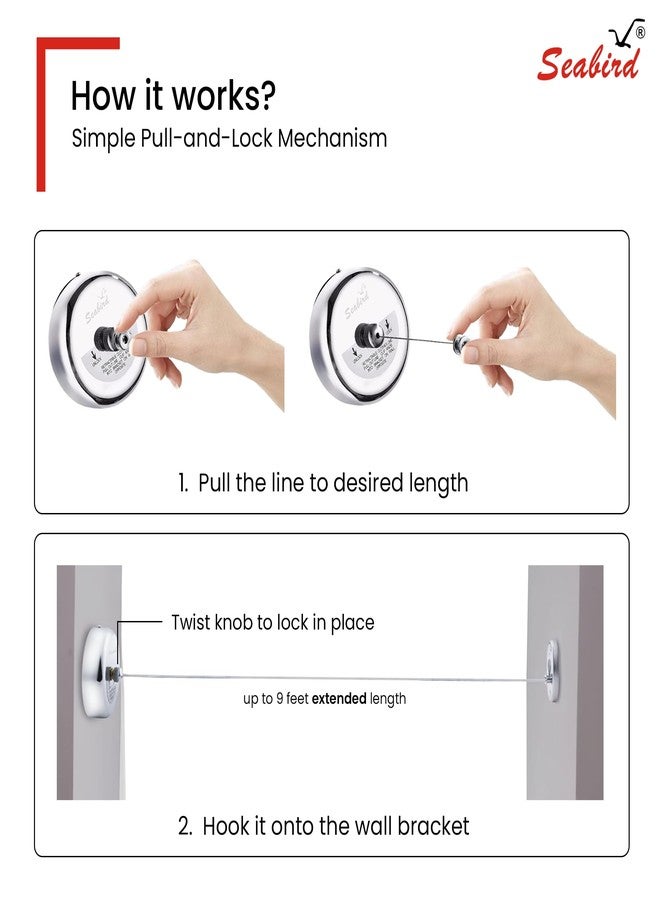 SEABIRD® Premium Retractable Clothesline | Stainless Steel Wall-Mounted Laundry Drying Line | Durable, Rust-Proof & Lockable Rope for Indoor & Outdoor Use (Silver) - Image 4
