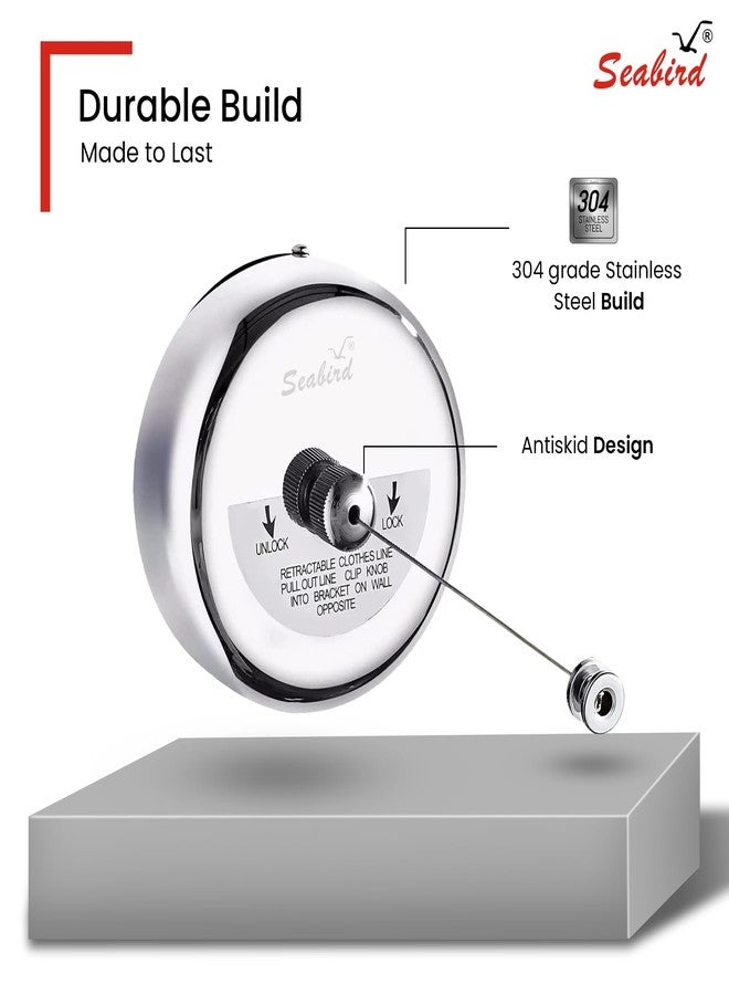 SEABIRD® Premium Retractable Clothesline | Stainless Steel Wall-Mounted Laundry Drying Line | Durable, Rust-Proof & Lockable Rope for Indoor & Outdoor Use (Silver) - Image 3