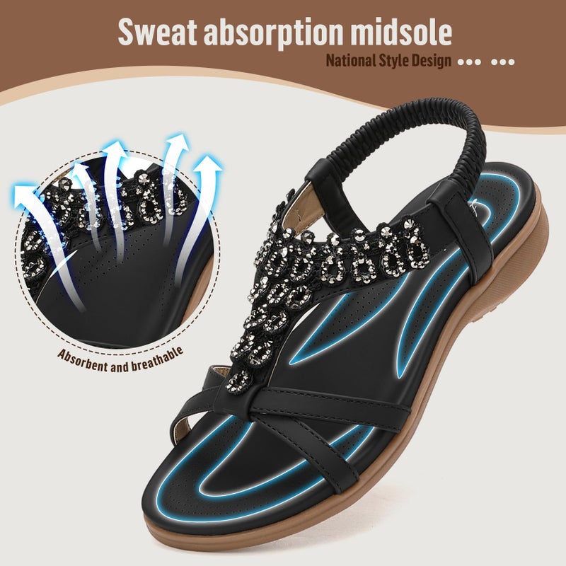 Littleplum Womens Sandals Arch Support Slingback Rhinestone Dressy Sandals Comfort Summer Shoes Ankle Strap Elastic Flats for Beach Walking Casual Black Size 8.5 - Image 5
