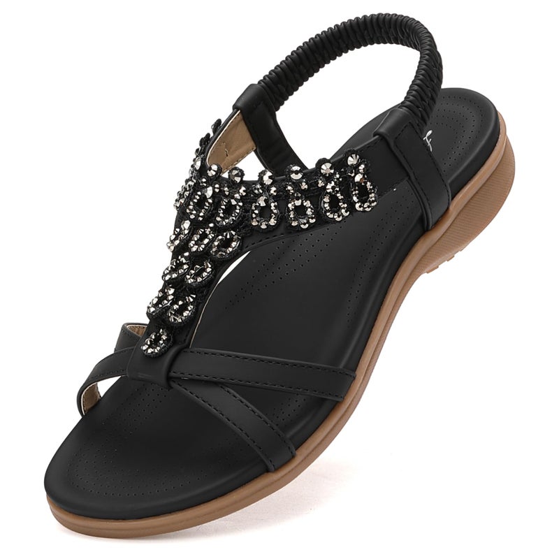 Littleplum Womens Sandals Arch Support Slingback Rhinestone Dressy Sandals Comfort Summer Shoes Ankle Strap Elastic Flats for Beach Walking Casual Black Size 8.5 - Image 1