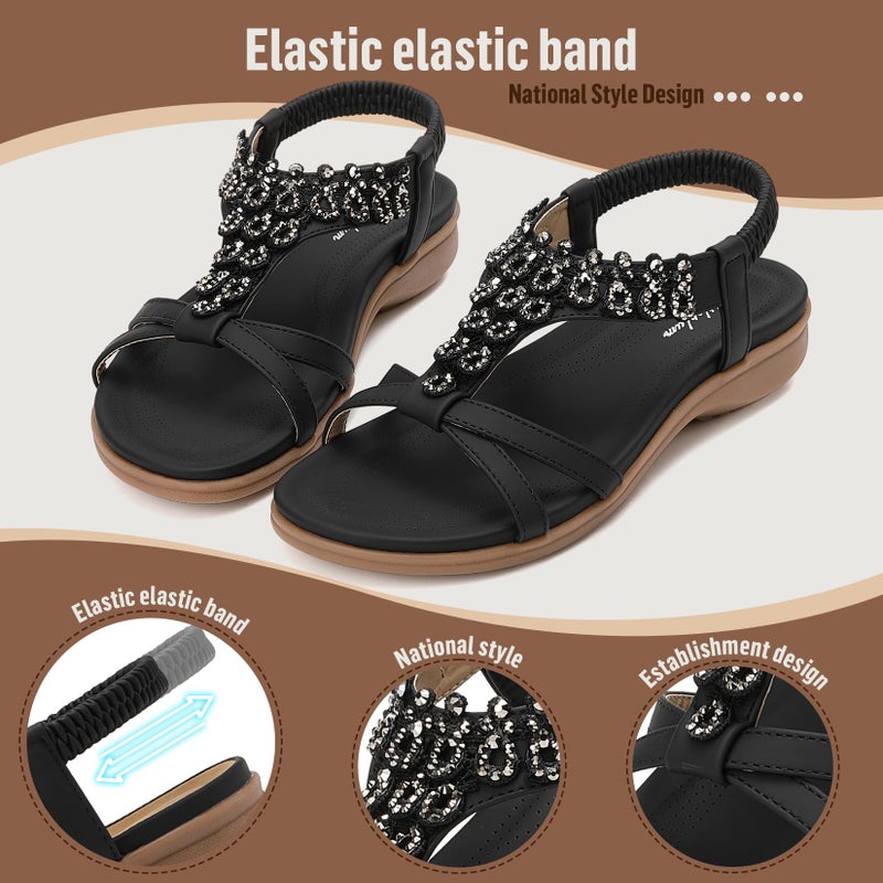 Littleplum Womens Sandals Arch Support Slingback Rhinestone Dressy Sandals Comfort Summer Shoes Ankle Strap Elastic Flats for Beach Walking Casual Black Size 8.5 - Image 4