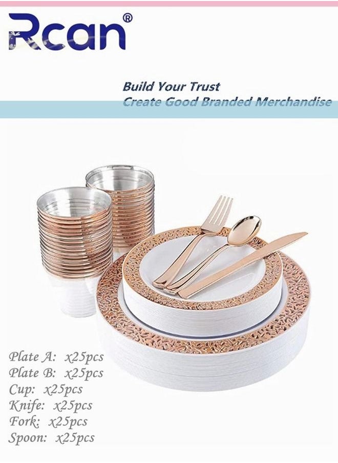 Rcan 150 Pcs/set Rose Gold Upscale Wedding Dining Party Disposable Plastic Hollow-carved Cutlery Set, Party Supplies Plate, Spoon, Fork, Knife, Cup, Party Tableware (25 Guest)  - Image 1