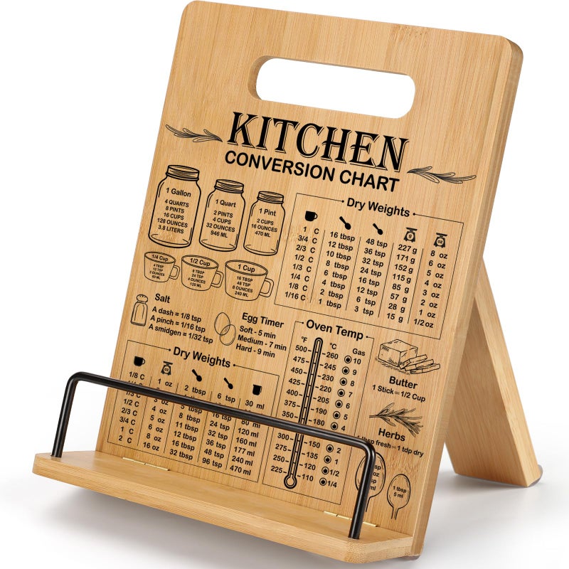 CryCarrot Bamboo Cookbook Stand for Kitchen Counter, Recipe Book Holder with Measurement Conversion Chart, Adjustable Cookbook Holder, Essential Accessories Women Gifts for Easter Birthday Mothers Day - Image 1