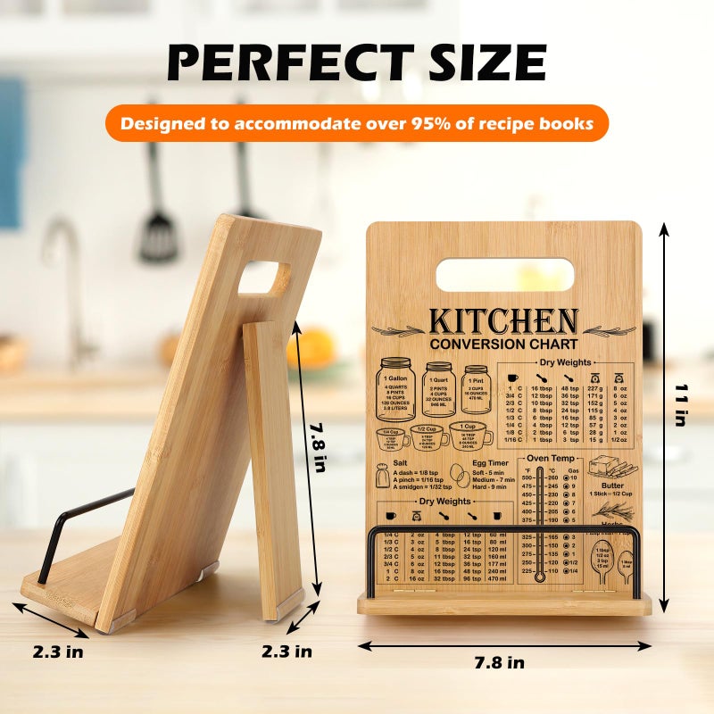 CryCarrot Bamboo Cookbook Stand for Kitchen Counter, Recipe Book Holder with Measurement Conversion Chart, Adjustable Cookbook Holder, Essential Accessories Women Gifts for Easter Birthday Mothers Day - Image 3
