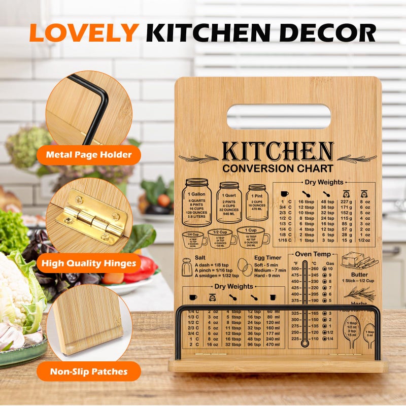 CryCarrot Bamboo Cookbook Stand for Kitchen Counter, Recipe Book Holder with Measurement Conversion Chart, Adjustable Cookbook Holder, Essential Accessories Women Gifts for Easter Birthday Mothers Day - Image 2
