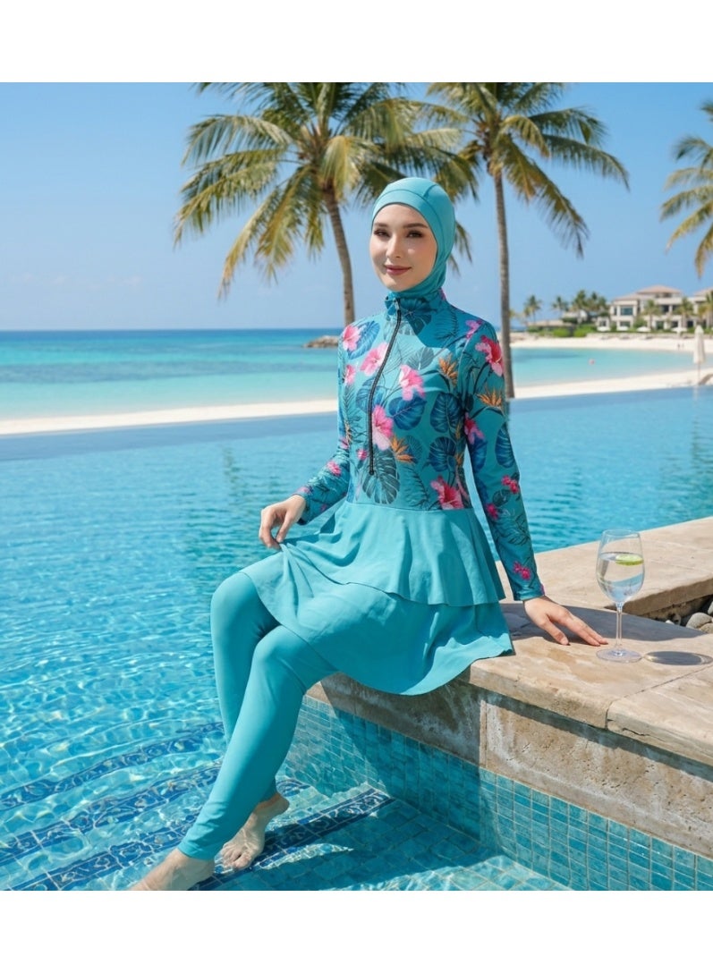 SPALL Modest Muslim Swimsuit for Women Full Coverage Burkini Set with Long Sleeve Rash Guard, Leggings, Skirt & Hijab Cap - Image 3