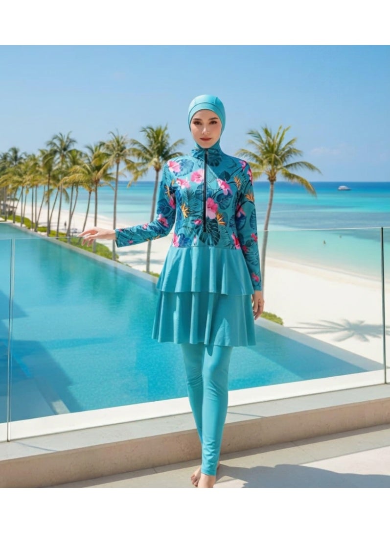 SPALL Modest Muslim Swimsuit for Women Full Coverage Burkini Set with Long Sleeve Rash Guard, Leggings, Skirt & Hijab Cap - Image 2