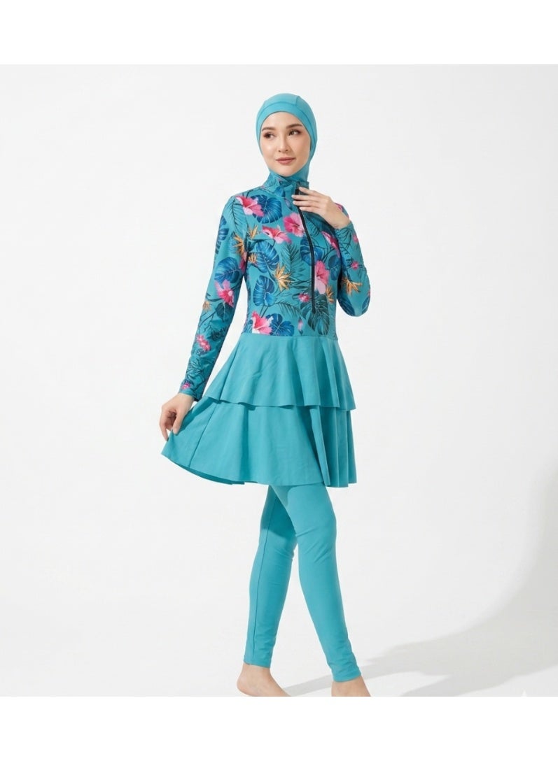 SPALL Modest Muslim Swimsuit for Women Full Coverage Burkini Set with Long Sleeve Rash Guard, Leggings, Skirt & Hijab Cap - Image 1