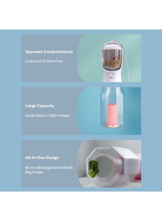 Pet Water Food and Waste Bag Container for Cats and Dogs Portable Outdoor Travel Bottle 3 in 1 White 600ml - Image 3