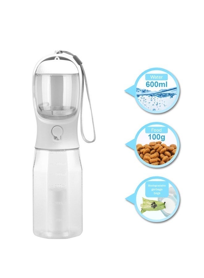وعاء مياه وطعام وكيس نفايات للحيوانات الأليفة للقطط والكلاب، زجاجة سفر محمولة في الهواء الطلق، 3 في 1 أبيض 600 مل - Image 2