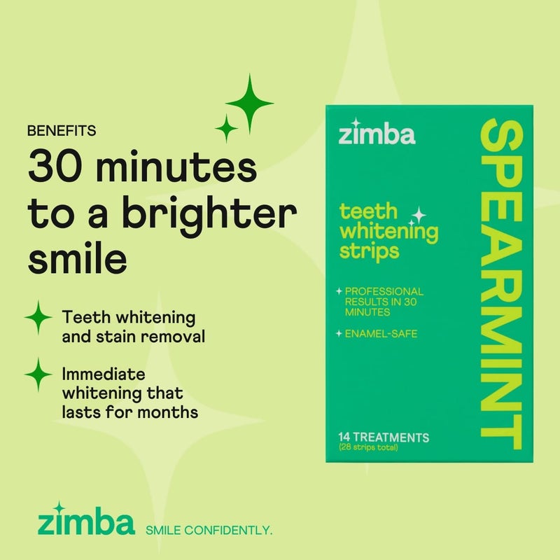 Zimba Spearmint Flavored Teeth Whitening Strips | Vegan, Enamel Safe Hydrogen Peroxide Teeth Whitener for Coffee, Wine, Tobacco, and Other Stains | 14 Day Treatment | Spearmint - Image 2