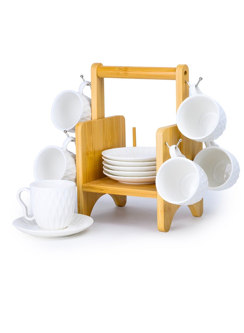 Shallow Elegant Porcelain Bamboo 6 Cup & 6 Saucer Set with Stand, 180ml - Image 1