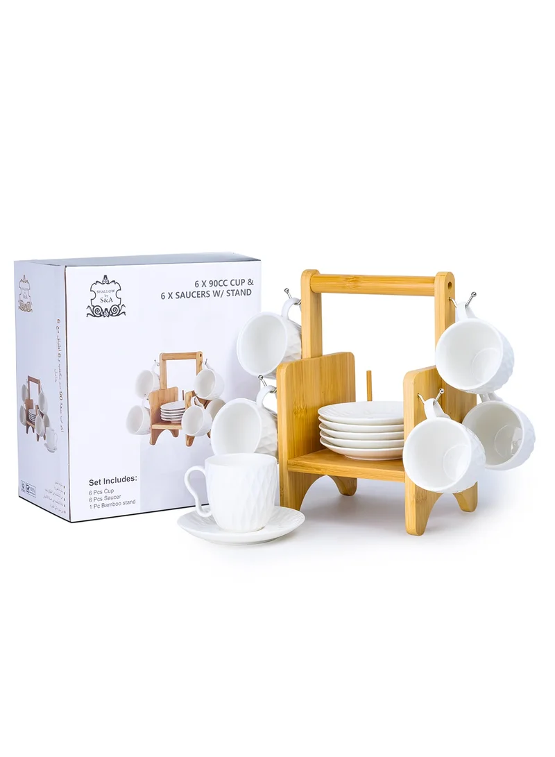 Shallow Shallow Elegant Porcelain Bamboo 6 Cup & 6 Saucer Set with Stand, 180ml