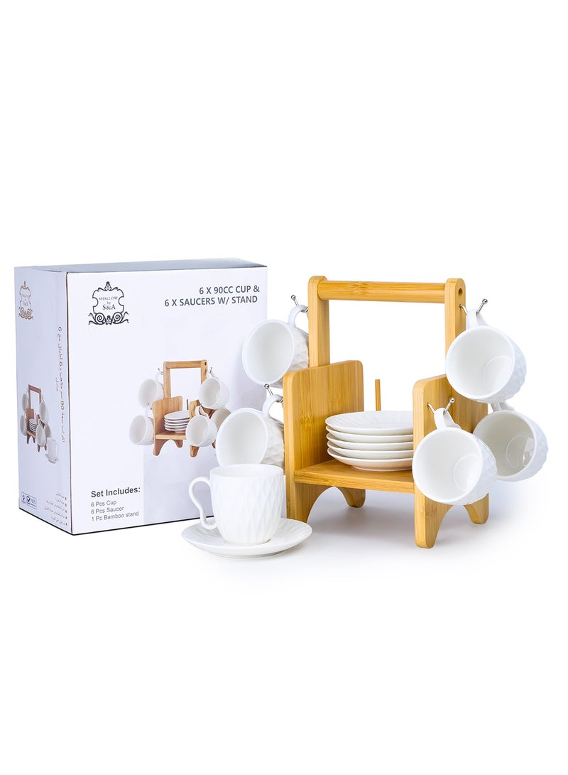 Shallow Elegant Porcelain Bamboo 6 Cup & 6 Saucer Set with Stand, 180ml - Image 3