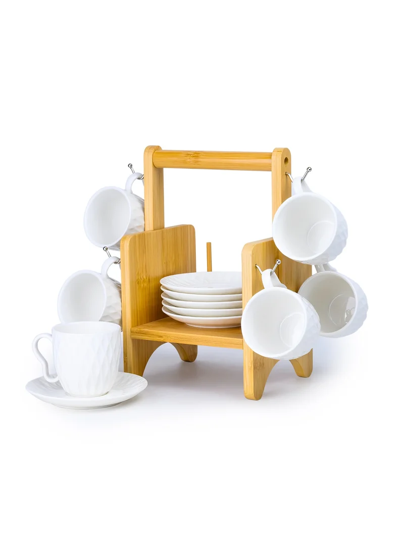 Shallow Shallow Elegant Porcelain Bamboo 6 Cup & 6 Saucer Set with Stand, 180ml