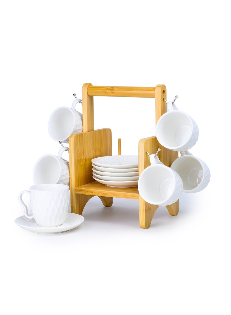 Shallow Elegant Porcelain Bamboo 6 Cup & 6 Saucer Set with Stand, 180ml - Image 4