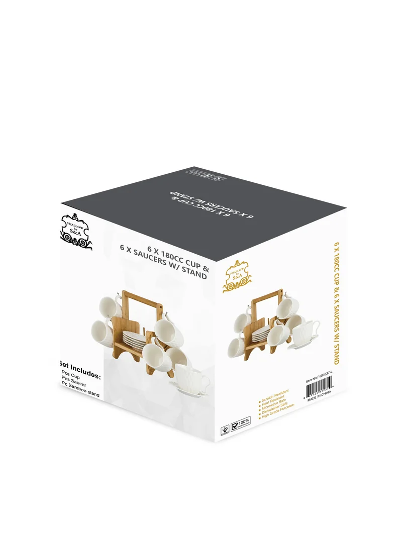 Shallow Shallow Elegant Porcelain Bamboo 6 Cup & 6 Saucer Set with Stand, 180ml