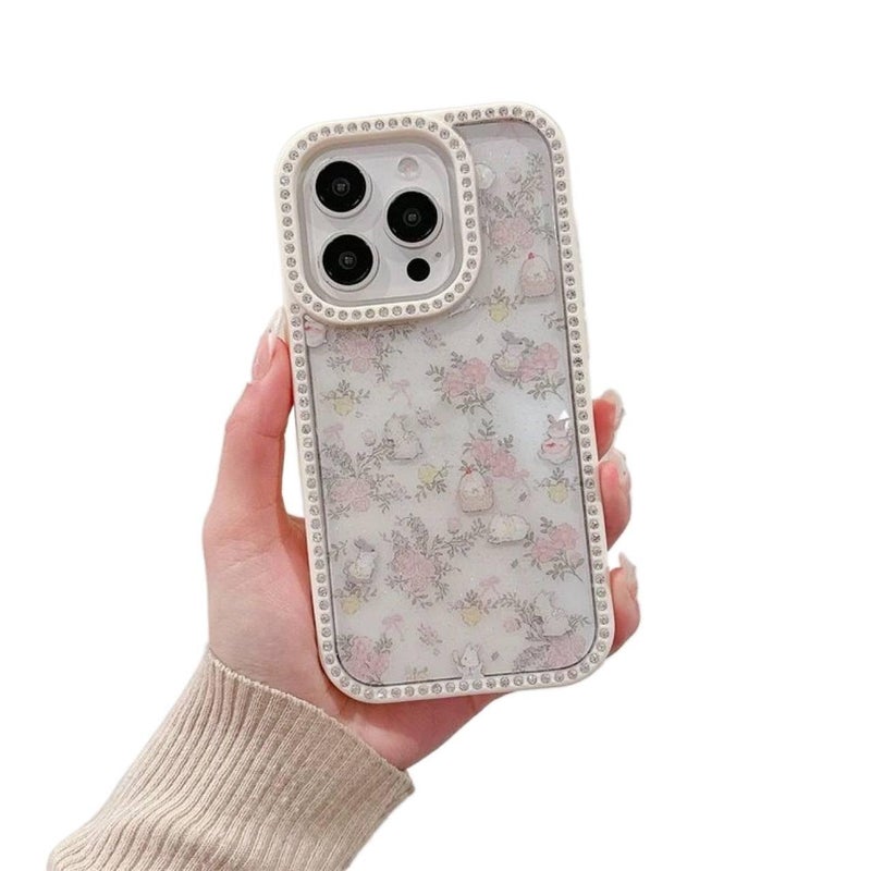 MS غطاء واقي بسيليكون لـ iPhone 16 / 16 Plus / 16 Pro / 16 Pro Max مع حماية من السقوط وألماس لامع مع مقاوم للصدمات مع نقشة زهور مع حبل تعليق باللون Rabbit بتصميم زهري من السيليكون - Image 5