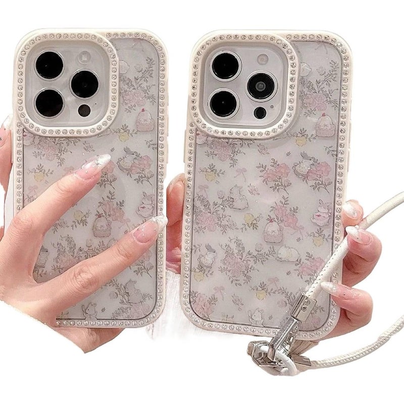 MS غطاء واقي بسيليكون لـ iPhone 16 / 16 Plus / 16 Pro / 16 Pro Max مع حماية من السقوط وألماس لامع مع مقاوم للصدمات مع نقشة زهور مع حبل تعليق باللون Rabbit بتصميم زهري من السيليكون - Image 4