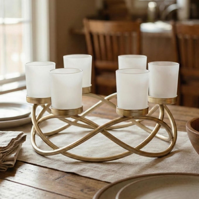 IRON ROUND TABLE DECOR CENTERPIECE DECORATIONS CANDLE HOLDER FOR WEDDINGS OUTDOOR PATIO KITCHEN DINING ROOM AND COFFEE TABLES GLASS VOTIVE TEALIGHT HOLDERS GOLD 6 FROSTED CUPS