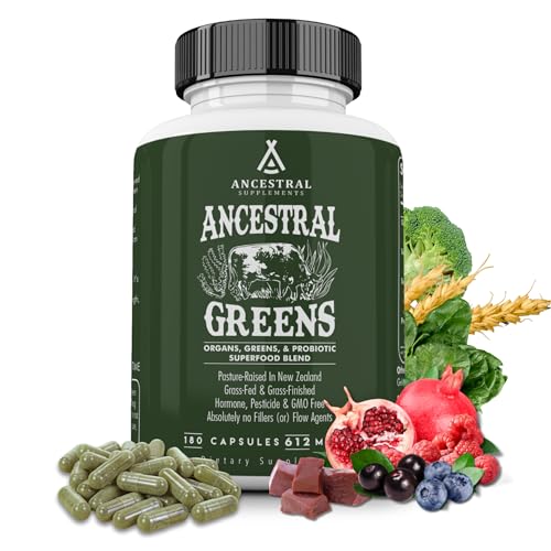 Ancestral Supplements Greens Powder Capsules Organic Superfood Greens Reds Blend with Spirulina Chlorella Grass Fed Beef Organs and Probiotics for Gut Health Non GMO 612mg Each 180 Count