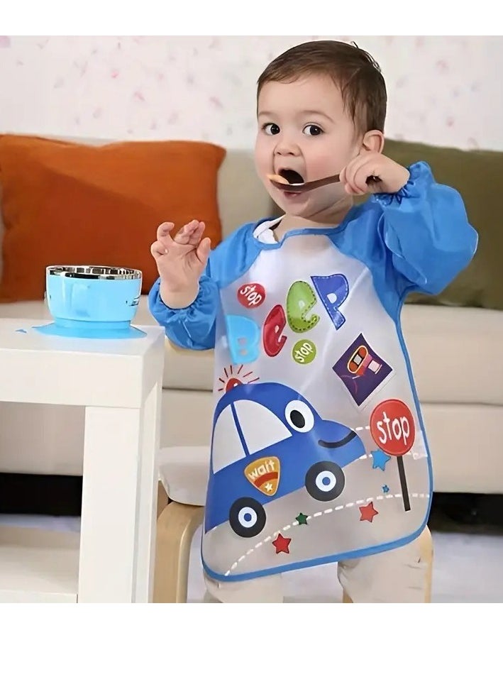 Little tots Blue Vehicle-Themed Feeding Smock for Young Youngsters - Stain-Resistant Polyester Apron  - Image 1
