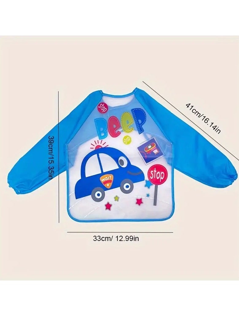 Little tots Blue Vehicle-Themed Feeding Smock for Young Youngsters - Stain-Resistant Polyester Apron  - Image 2
