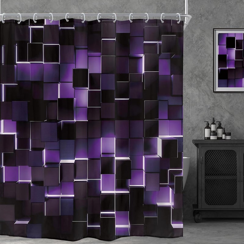 Riyidecor Black Purple Shower Curtain 72Wx72H Inch Abstract Brick Modern Wall 3D Gradient Designer Futuristic Geometric Plaid Mens Boy Cool Bathroom Decor Fabric Polyester Waterproof 12 Pack Hooks - Image 1