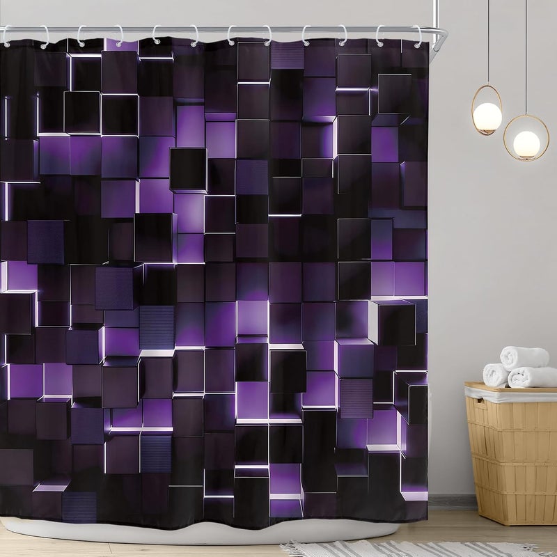 Riyidecor Black Purple Shower Curtain 72Wx72H Inch Abstract Brick Modern Wall 3D Gradient Designer Futuristic Geometric Plaid Mens Boy Cool Bathroom Decor Fabric Polyester Waterproof 12 Pack Hooks - Image 2
