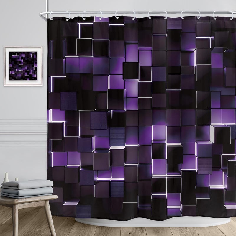 Riyidecor Black Purple Shower Curtain 72Wx72H Inch Abstract Brick Modern Wall 3D Gradient Designer Futuristic Geometric Plaid Mens Boy Cool Bathroom Decor Fabric Polyester Waterproof 12 Pack Hooks - Image 3