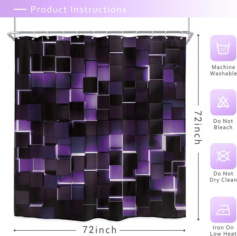 Riyidecor Black Purple Shower Curtain 72Wx72H Inch Abstract Brick Modern Wall 3D Gradient Designer Futuristic Geometric Plaid Mens Boy Cool Bathroom Decor Fabric Polyester Waterproof 12 Pack Hooks - Image 5