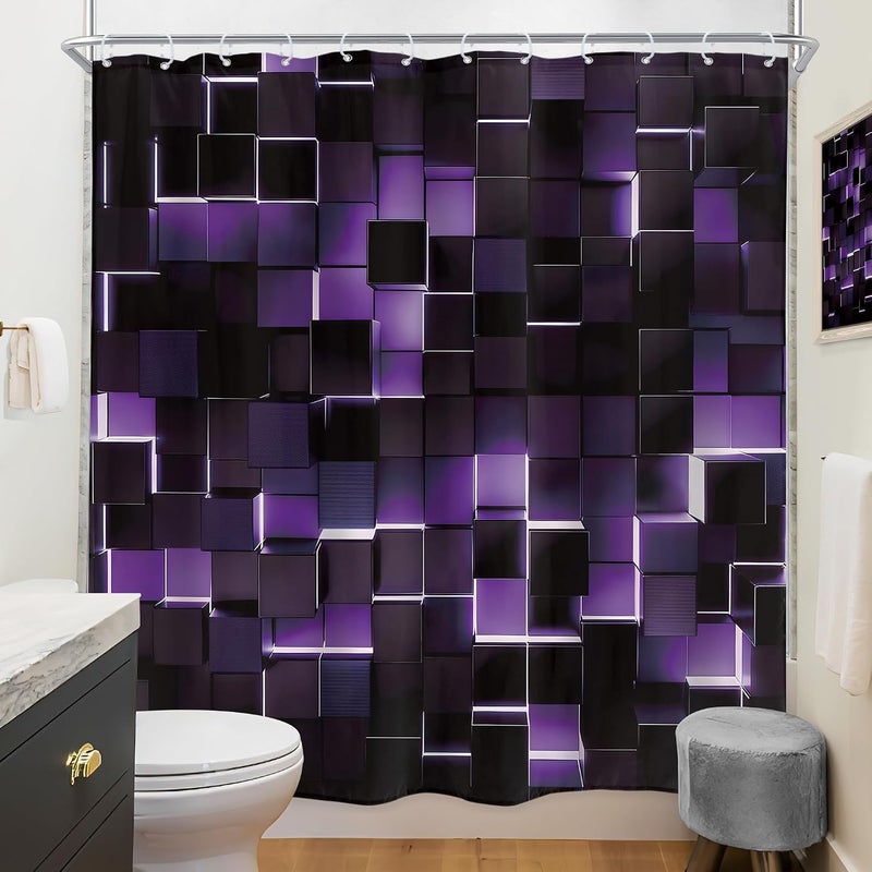 Riyidecor Black Purple Shower Curtain 72Wx72H Inch Abstract Brick Modern Wall 3D Gradient Designer Futuristic Geometric Plaid Mens Boy Cool Bathroom Decor Fabric Polyester Waterproof 12 Pack Hooks - Image 4