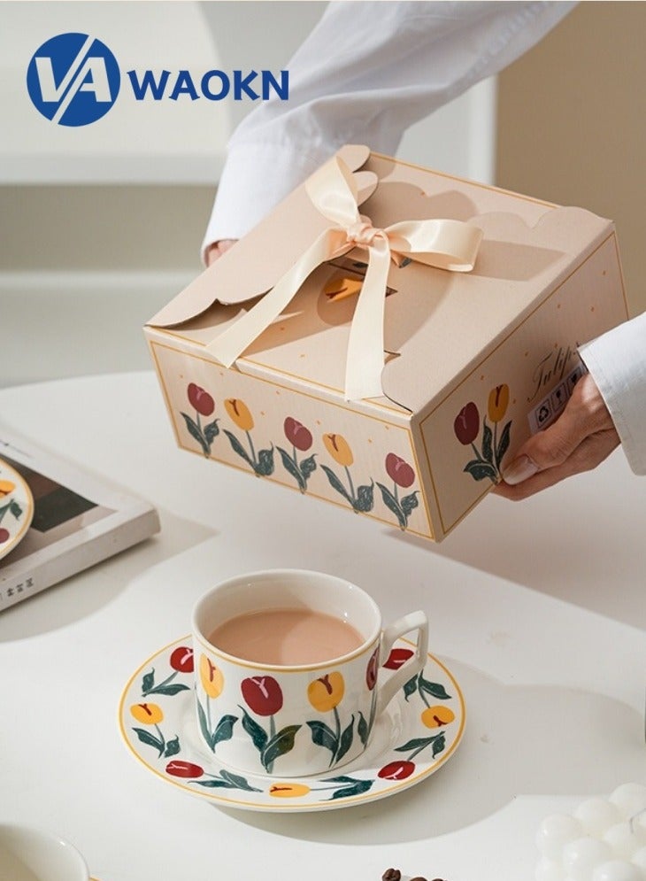 WAOKN Ceramic Coffee Cup and Saucer Set Vintage Floral Design Perfect for Espresso Tea or Coffee Lovers Gift Boxed for Home Office or Special Occasions Tulip  - Image 1