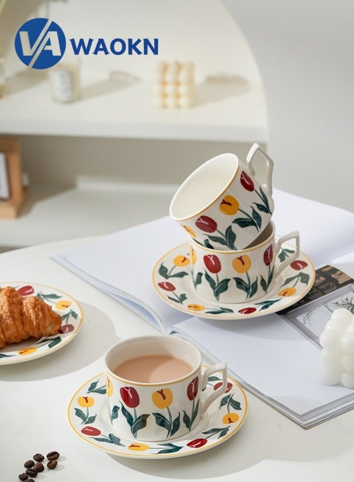 WAOKN Ceramic Coffee Cup and Saucer Set Vintage Floral Design Perfect for Espresso Tea or Coffee Lovers Gift Boxed for Home Office or Special Occasions Tulip  - Image 2