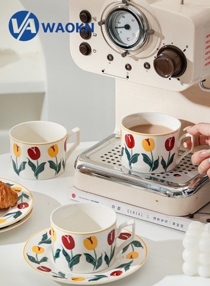 WAOKN Ceramic Coffee Cup and Saucer Set Vintage Floral Design Perfect for Espresso Tea or Coffee Lovers Gift Boxed for Home Office or Special Occasions Tulip  - Image 3