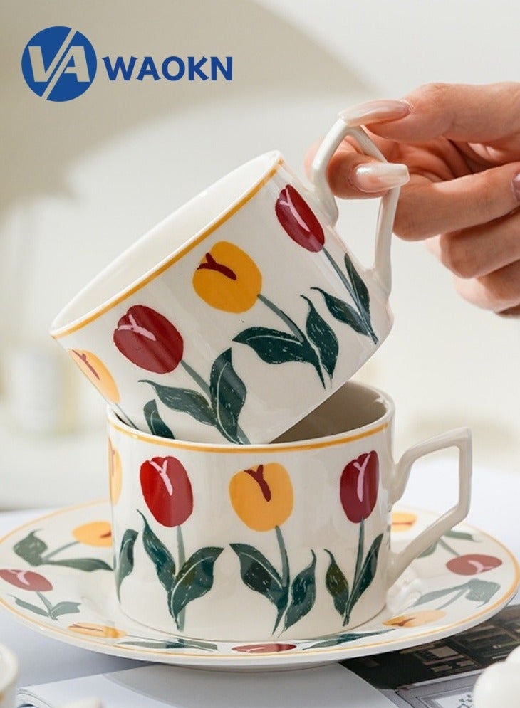 WAOKN Ceramic Coffee Cup and Saucer Set Vintage Floral Design Perfect for Espresso Tea or Coffee Lovers Gift Boxed for Home Office or Special Occasions Tulip  - Image 5