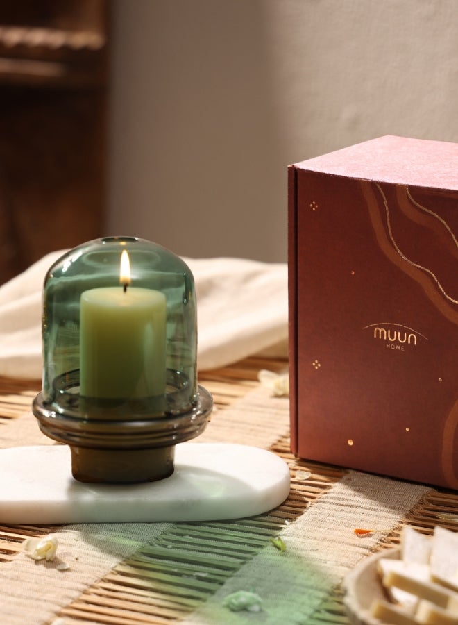 Muun Home Dome Candle Holder with Teal Borosilicate Glass Dome & Slate Grey Base | Modern Pillar Candle Holder for Home Decor | Includes Soy Blend Candle | Luxury Decorative Accent & Gift Box - Image 1