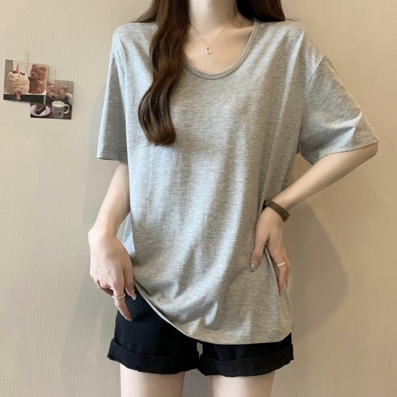 Real S Cotton Summer U-Collar Short-Sleeved T-Shirt Women'S Loose Korean Simple Solid Color Half-Sleeved T-Shirt Base Shirt - Image 5