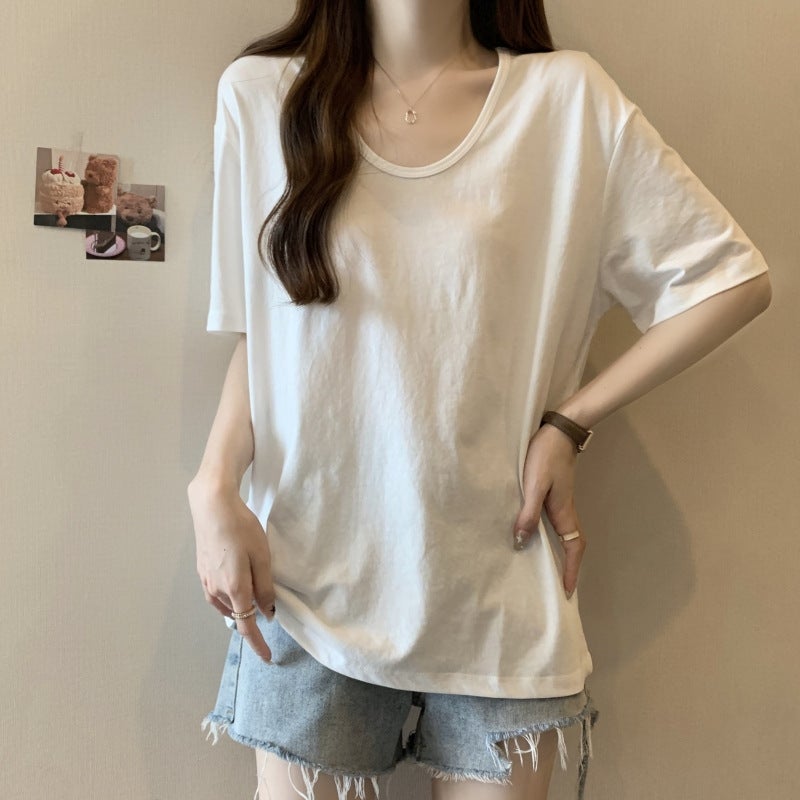Real S Cotton Summer U-Collar Short-Sleeved T-Shirt Women'S Loose Korean Simple Solid Color Half-Sleeved T-Shirt Base Shirt - Image 1
