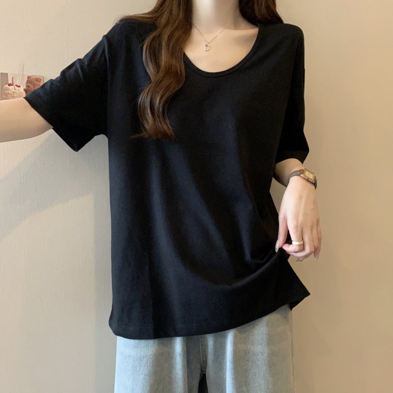 Real S Cotton Summer U-Collar Short-Sleeved T-Shirt Women'S Loose Korean Simple Solid Color Half-Sleeved T-Shirt Base Shirt - Image 4