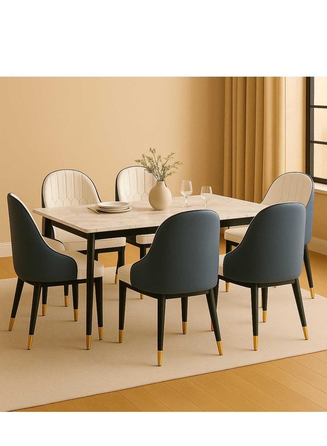 Wooden Twist Villoso Modern Rectangular Marble Top 6-Seater Dining Set With Black Iron Legs And Gold Corner Accents