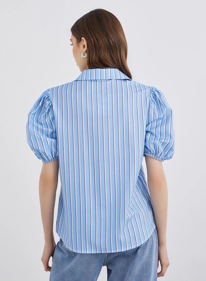 Take Two Take Two Women Blue Striped Puff Sleeves Shirt