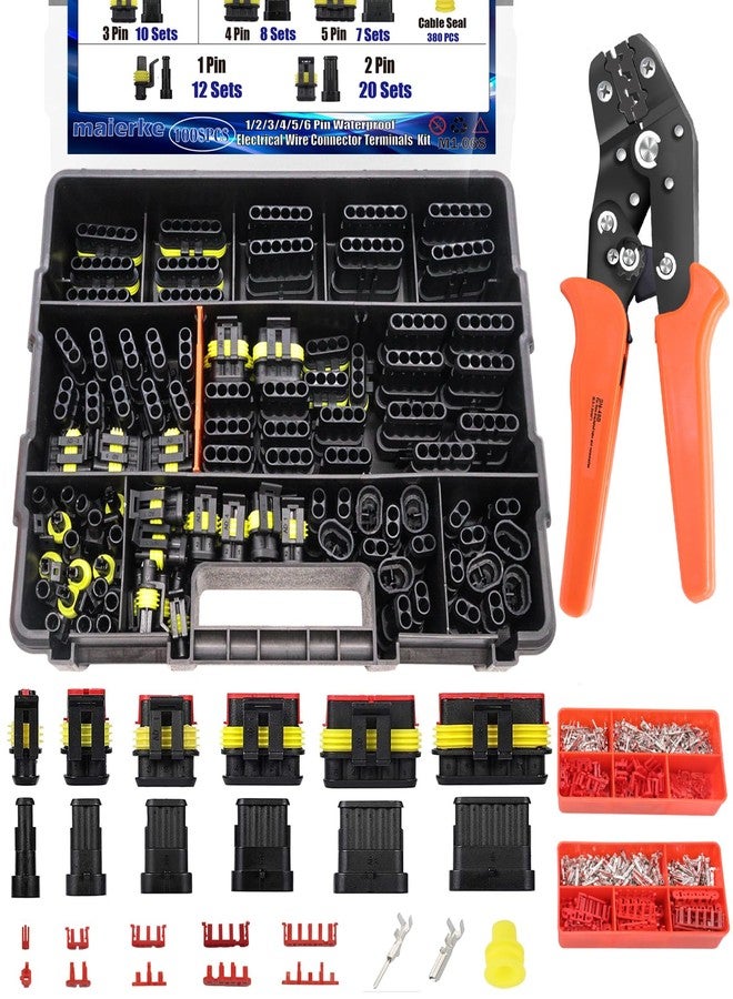 maierke 1008pcs 63 Sets Waterproof Car Electrical Connectors Waterproof Wire Connectors Car Replacement Ignition Plug Connectors with 1/2/3/4/5/6 Pin Ratchet Crimper Pliers - Image 1