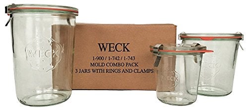 Weck WECK Mold Jar Combo Pack- (1) 900, (1) 742, (1) 743, (3) glass lids, (3) rubber rings and (6) clamps - Image 1