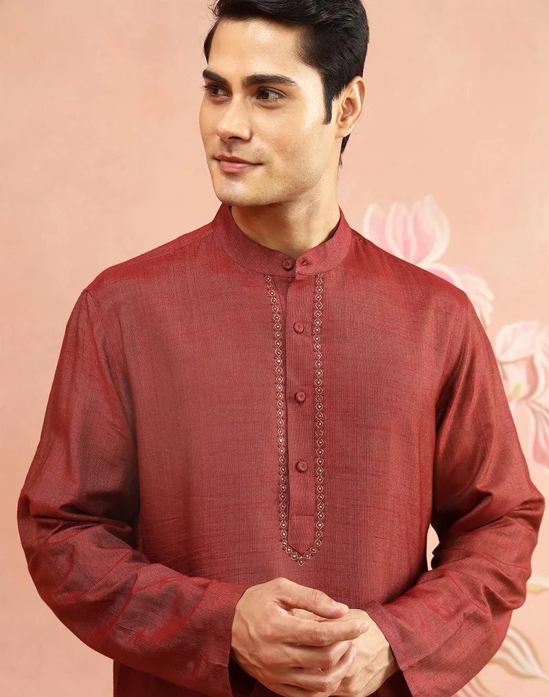 Fabindia  Maroon Viscose Silk Hand Embroidered Slim Fit Long Kurta for Men | Best Price UAE