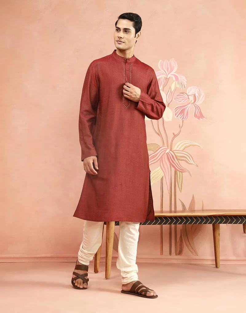 فاب انديا Maroon Viscose Silk Hand Embroidered Slim Fit Long Kurta